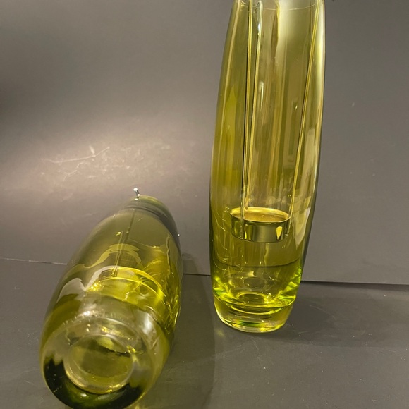 2 Yellow Glass Votive/Vases with Metal Candle Holders - 9" Tall - Picture 4 of 8